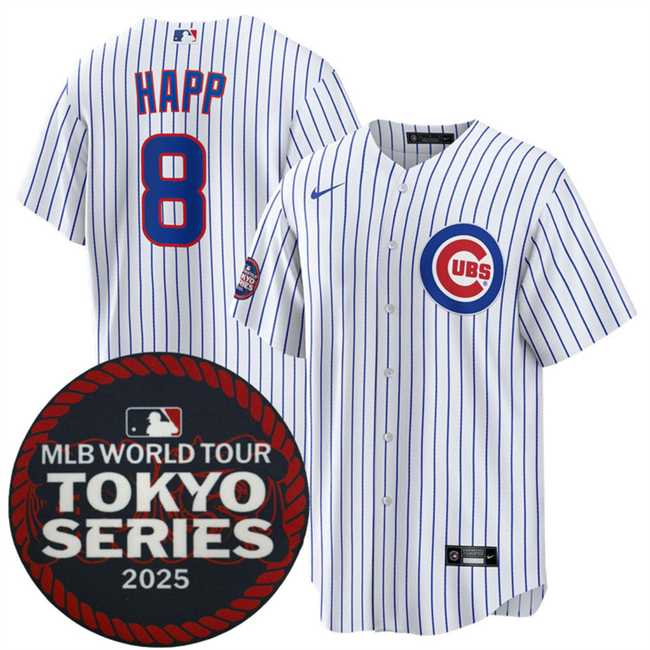 Men%27s Chicago Cubs #8 Ian Happ White 2025 World Tour Tokyo Series Home Stitched Jersey Dzhi->chicago cubs->MLB Jersey